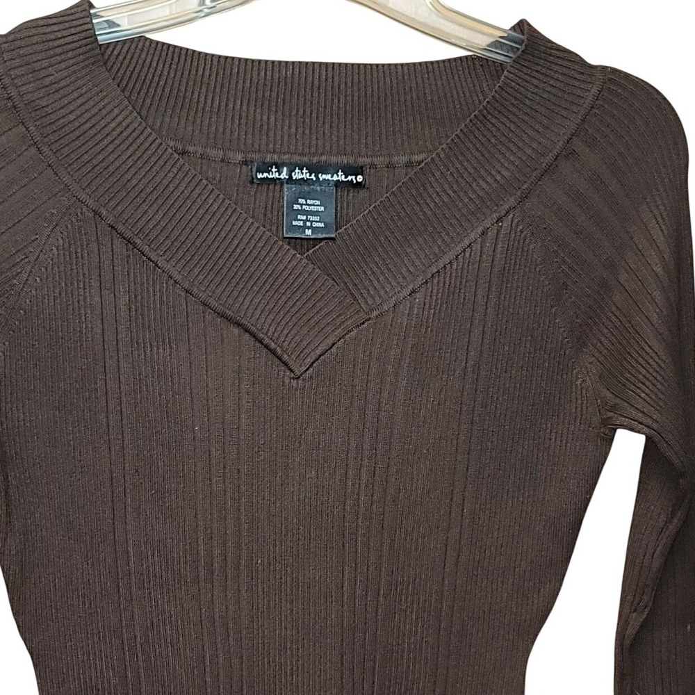 United States Sweaters Brown Ribbed V‑Neck Knit M Y2K Office Chic Office Bodycon - Picture 3 of 5